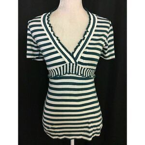 Bcbg maxazria Womens Teal Blue Green White striped Short Sleeve V Neck Top Xxs
